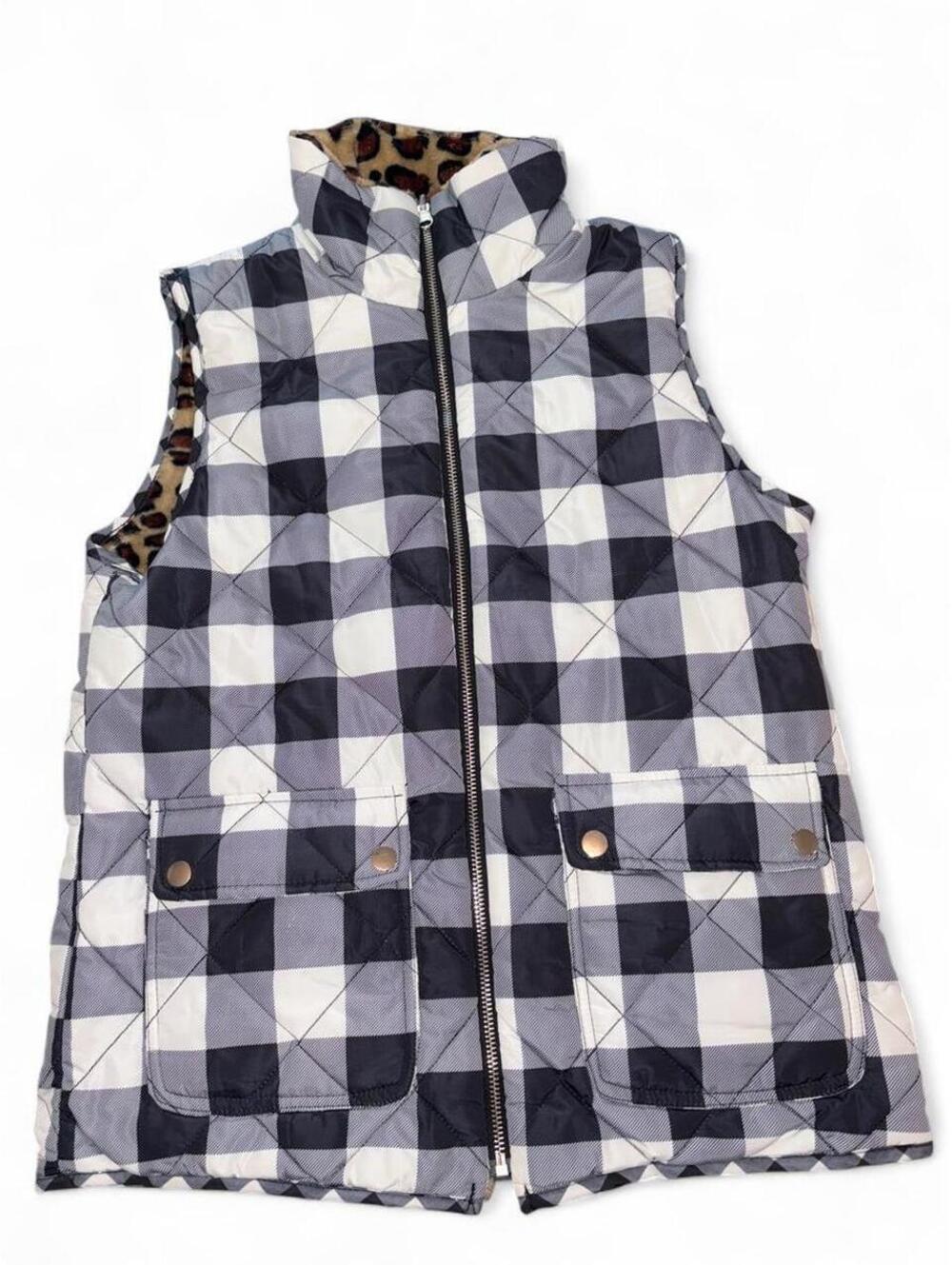 Reversible Quilted Buffalo Plaid & Leopard Fleece Vest - Size M/L